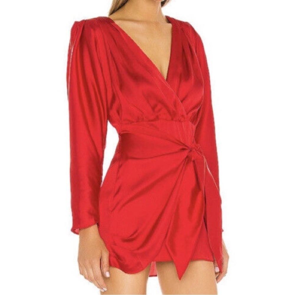 REVOLVE L'Academie the Dore Long Sleeve Satin Wrap Mini Dress in Red Sz M